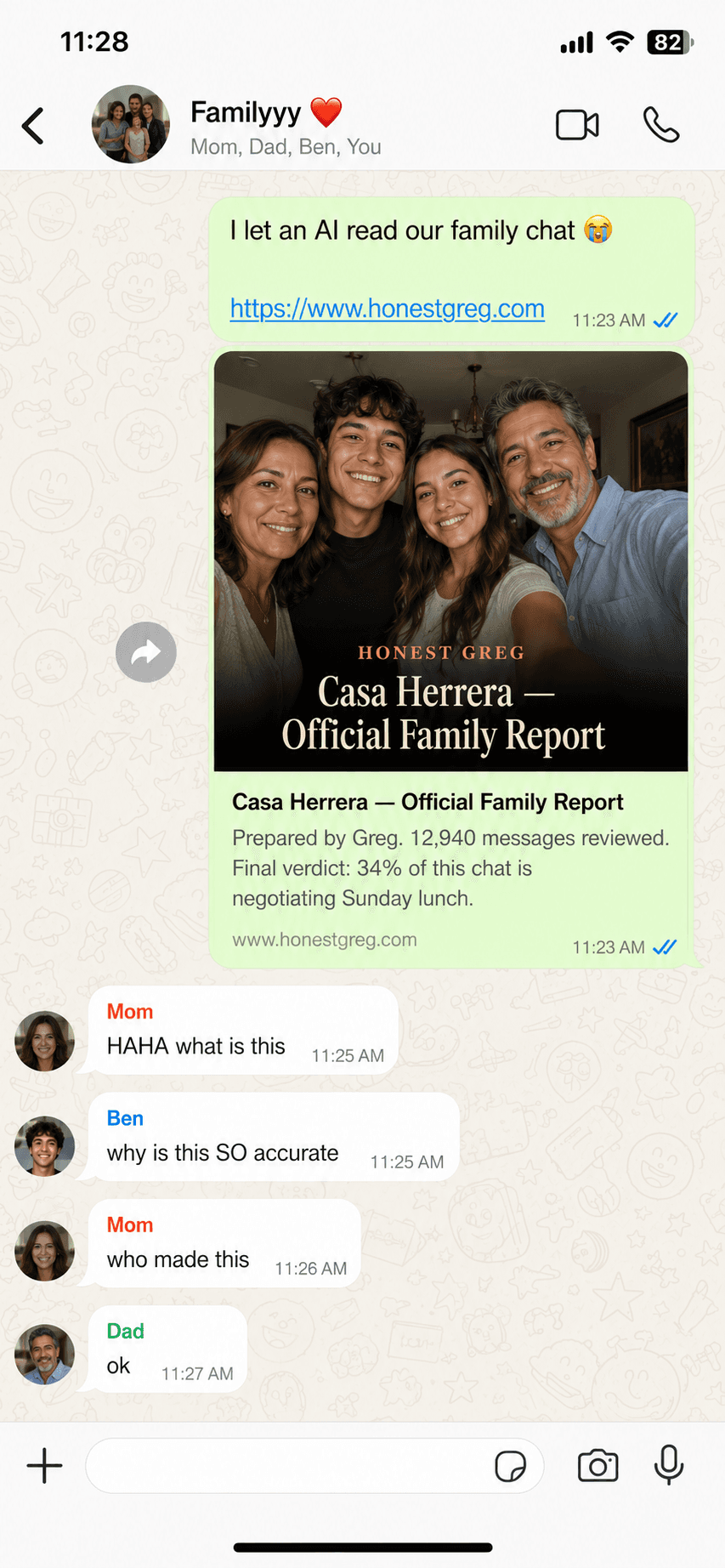 Someone sharing their Honest Greg report in a group chat