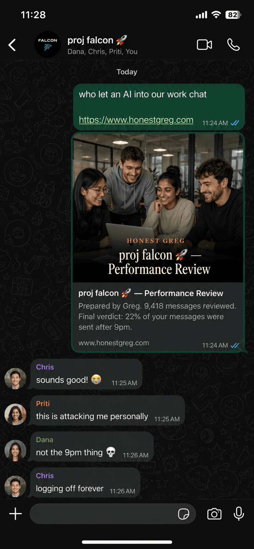Someone sharing their Honest Greg report in a group chat