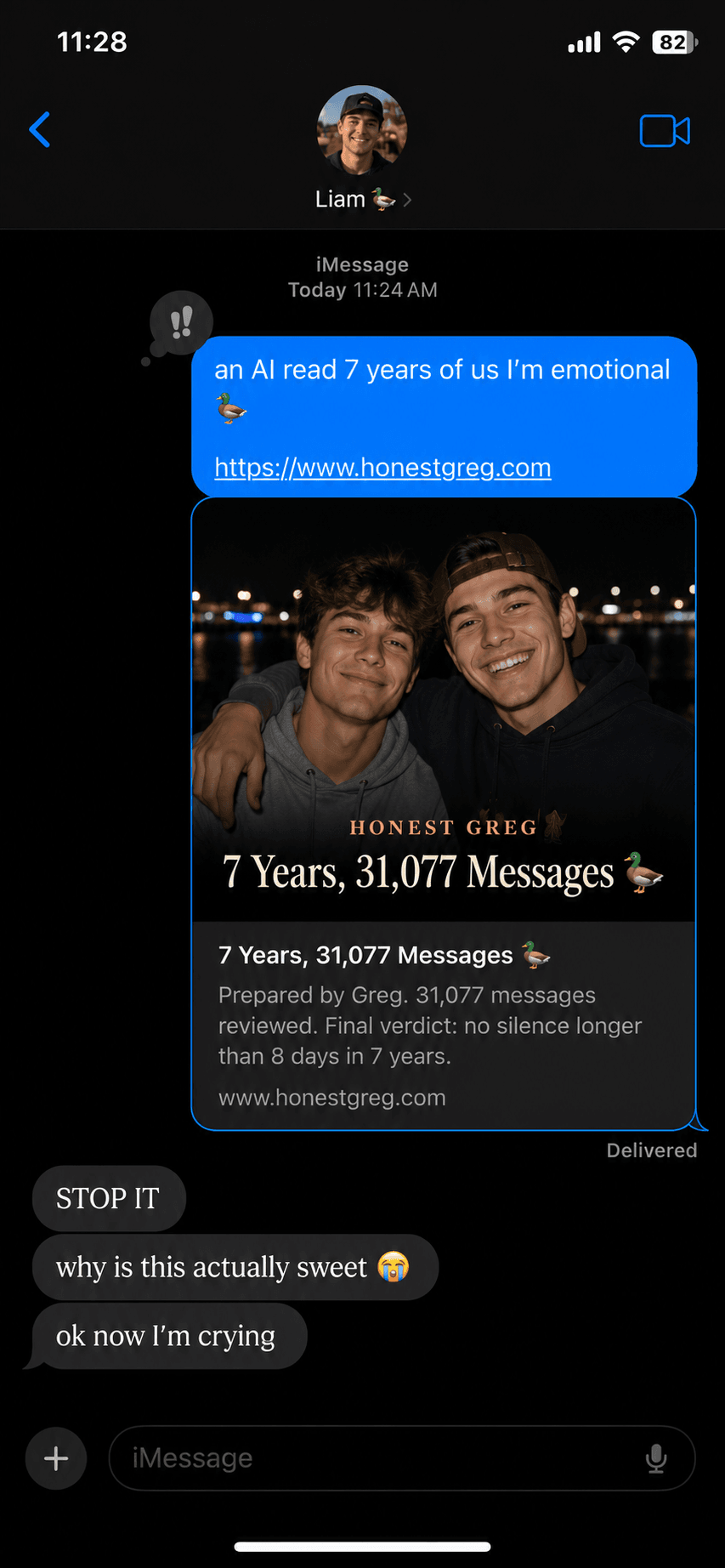 Someone sharing their Honest Greg report in a group chat