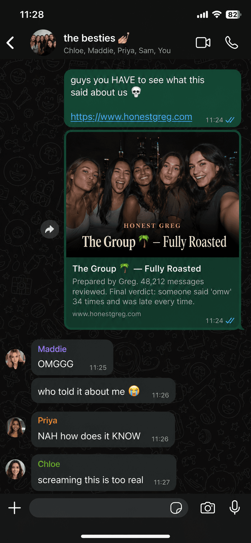 Someone sharing their Honest Greg report in a group chat