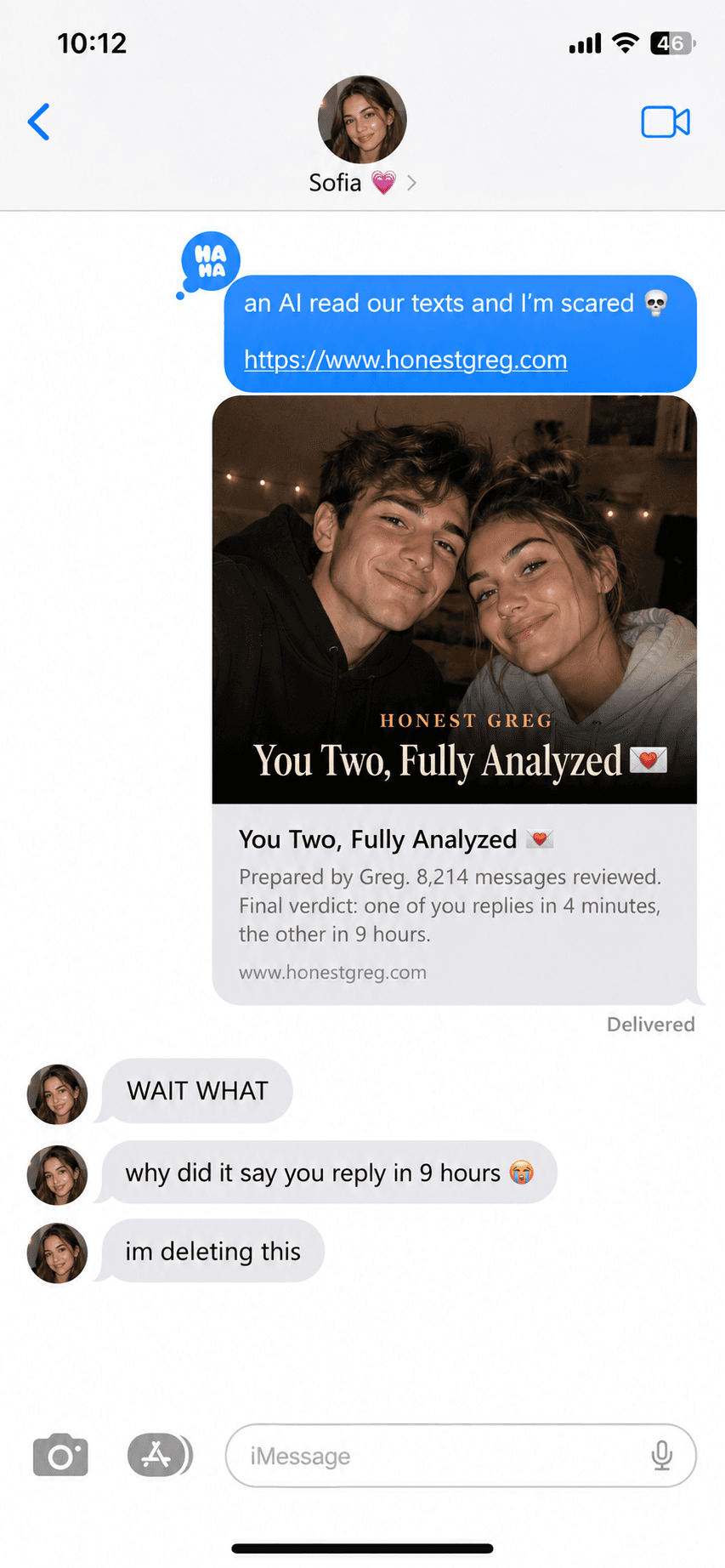 Someone sharing their Honest Greg report in a group chat