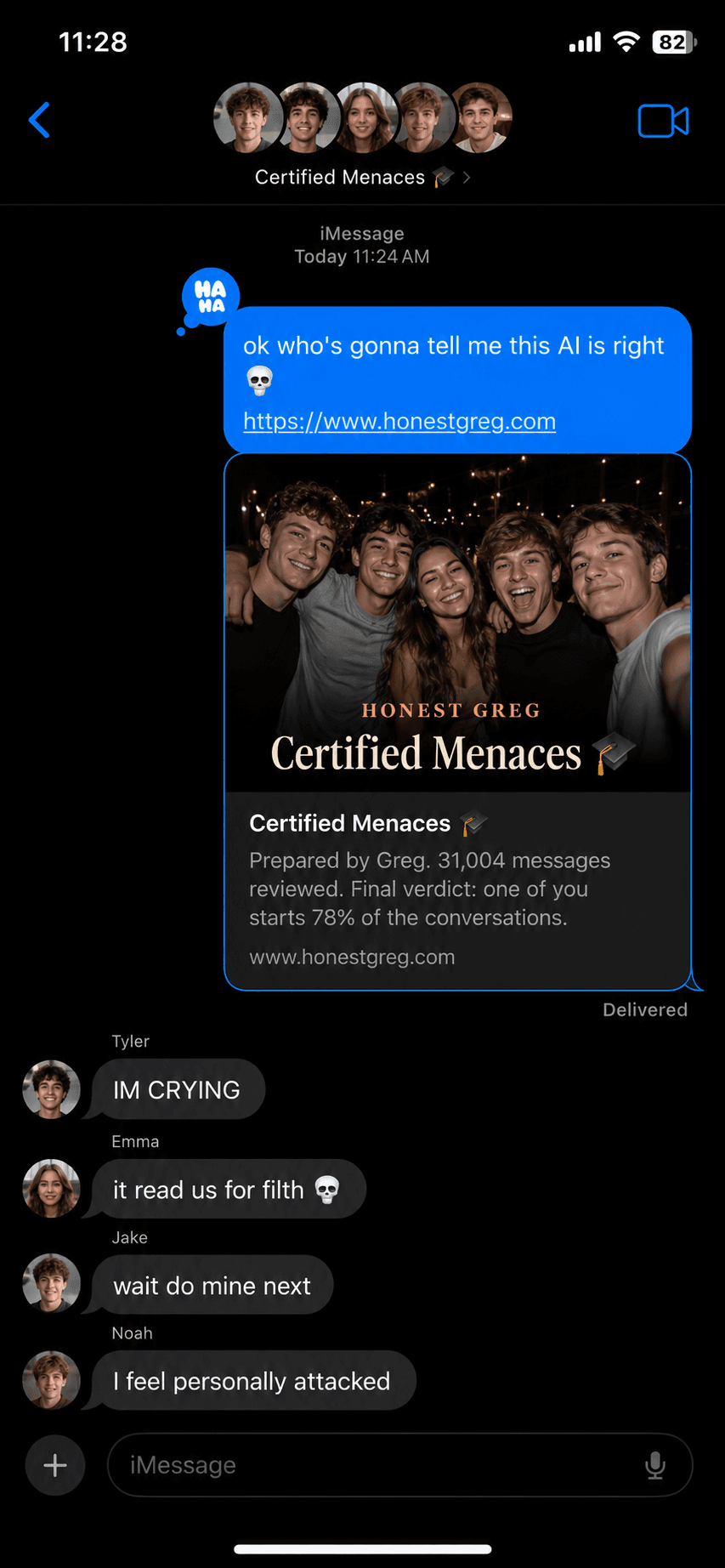 Someone sharing their Honest Greg report in a group chat